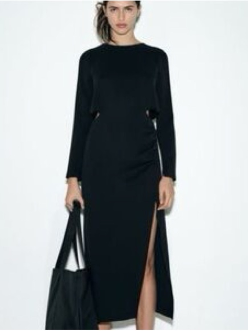 NWT Zara Black Long-Sleeve Side-Slit Midi Dress